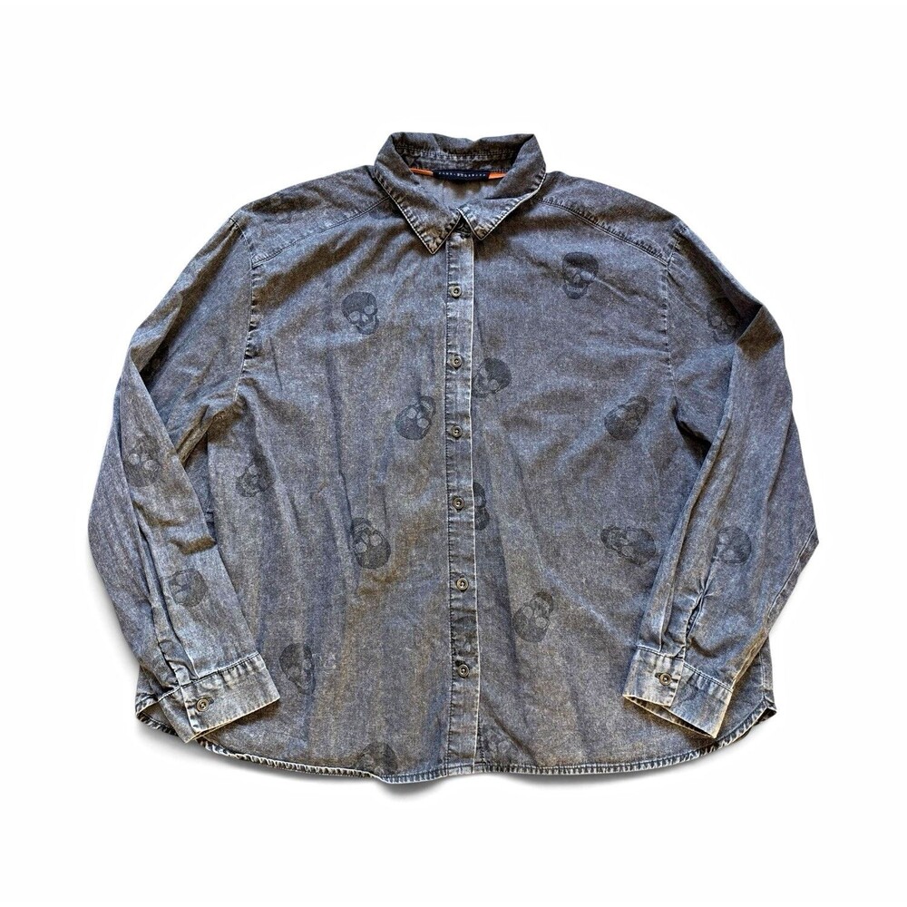Jane + Delancey Skull Button-Up Women's Large Grunge Punk Denim Chambray Shirt